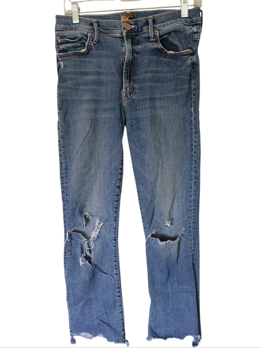MOTHER The Insider Step Crop Chew Distressed Blue Straight-Leg Jeans Size 30